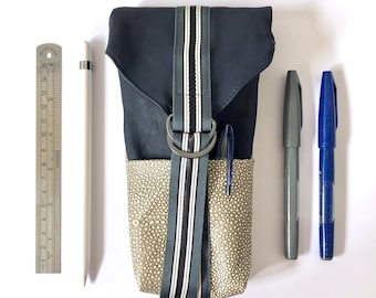 Large Leather Pencil Case | Blue Grey Leather Pen Case | Makeup Brush Holder | Gift for Artists Tools Brushes Holder| Stationery Case