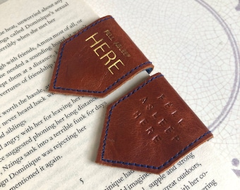 Personalise Gold Foil Brown Leather Bookmark with Blue Organic Wool Lining | BookLover Magnetic Bookmark | Bookish 3rd Anniversary Gift