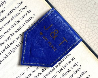 Personalised Magnetic Bookmark | Bright Blue Leather Bookmark with Beige Organic Wool Lining | 3rd Anniversary Gift | Book Lover Gift