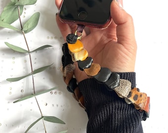 Dikke leren armband polsbandje | Handgemaakte zwartbruine lederen polsband telefoonbedel | Sleutelkoord portemonnee clutch | Duurzaam ecocadeau
