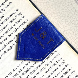 Personalised Magnetic Bookmark | Bright Blue Leather Bookmark with Beige Organic Wool Lining | 3rd Anniversary Gift | Book Lover Gift