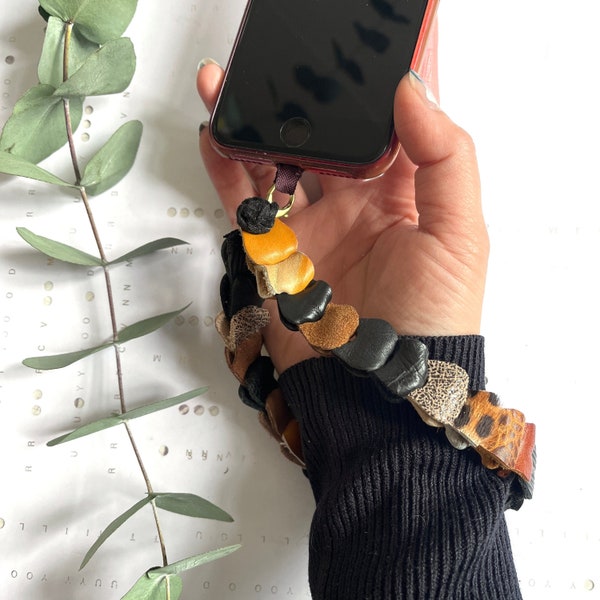 Chunky Wrist Phone Strap Leather Chain | Handmade Black Brown Leather Wrist Strap Phone Charm | Clutch Wallet Lanyard | Sustainable Eco Gift