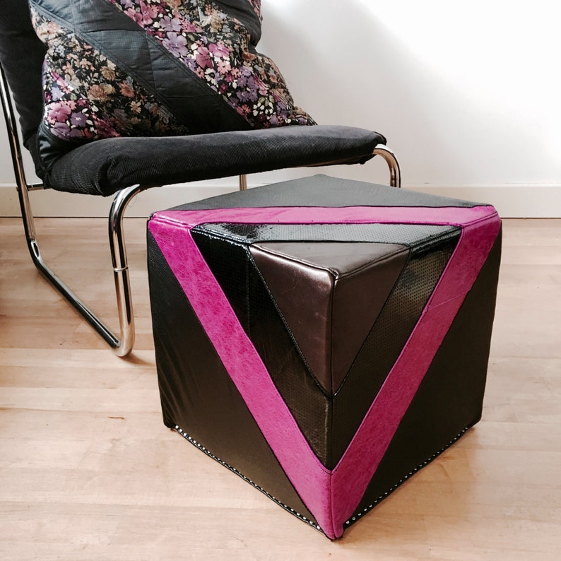 Leather Footstool  Quilted Leather Pouf in in black and image 0