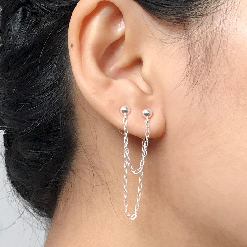 Double Piercing Earring Two Hole Earring Ear Jacket Ear Climber Delicate Earring Double Chain Earring Minimal Earring image 2