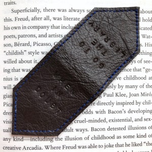 Magnetic Bookmark Dark Brown Leather Bookmark with Blue Organic Wool Lining Personalise Bookmark 3rd Anniversary Gift Page Marker image 2