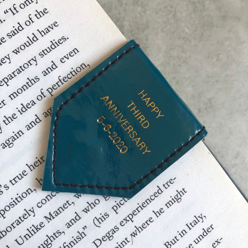 Personalise Gold Foil Magnetic Bookmark Teal Leather Bookmark with Brown Organic Wool Lining 3rd Anniversary Gift Free Shipping USA image 3