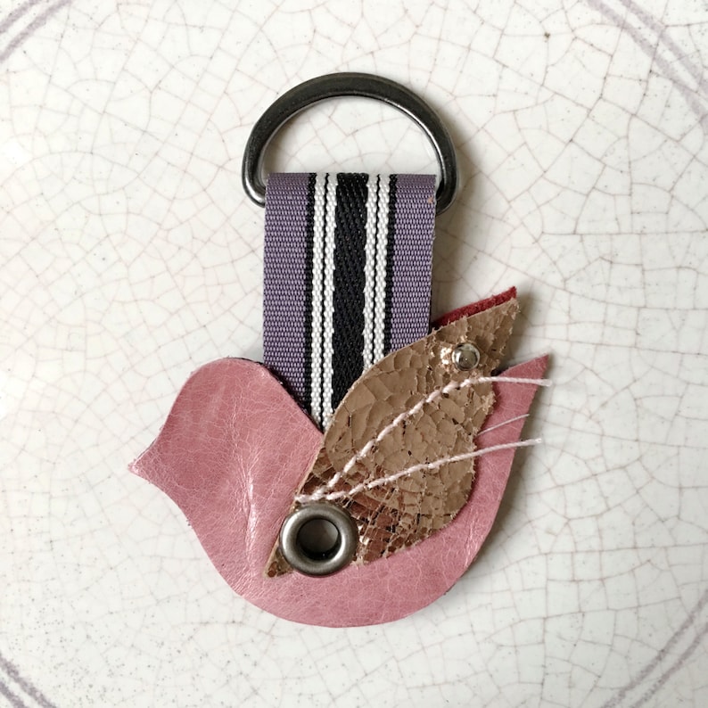 Earphone Organizer |Cable Organizer Leather Cord Holder Keychain Leather Cord Keeper Pink Bird Design Cord Organizer Leather Keychain