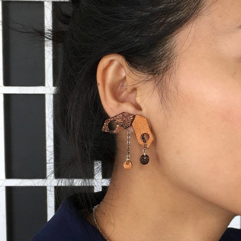 Metallic Orange Leather Earrings Ear Climbers Mismatched Etsy UK