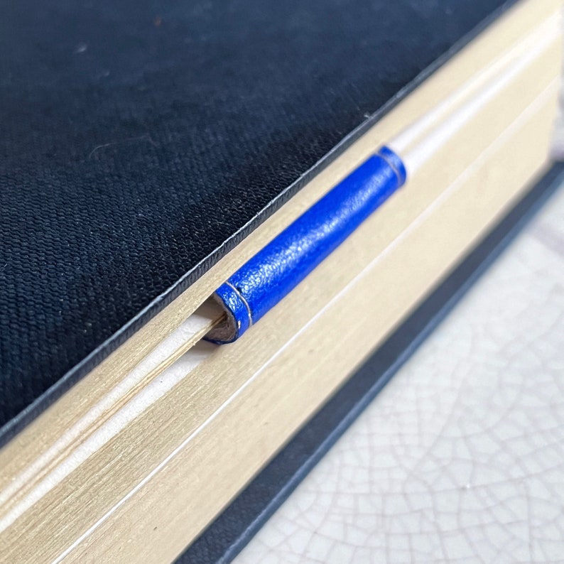 May include: A black leather-bound book with a blue ribbon bookmark.