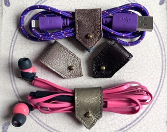 Cord Organizers|Leather Cord Keepers|Leather Cord Holders|Cable Organizer|Earphone Organizer|iPhone Cord Holder| Browns/Gold/ Sets of 2/4