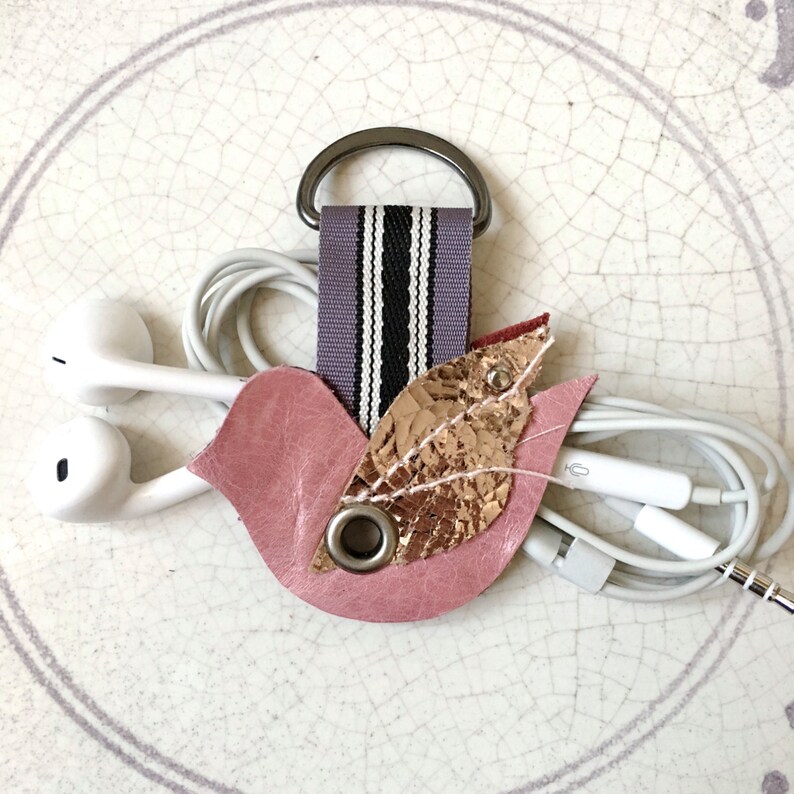 Earphone Organizer |Cable Organizer Leather Cord Holder Keychain Leather Cord Keeper Pink Bird Design Cord Organizer Leather Keychain
