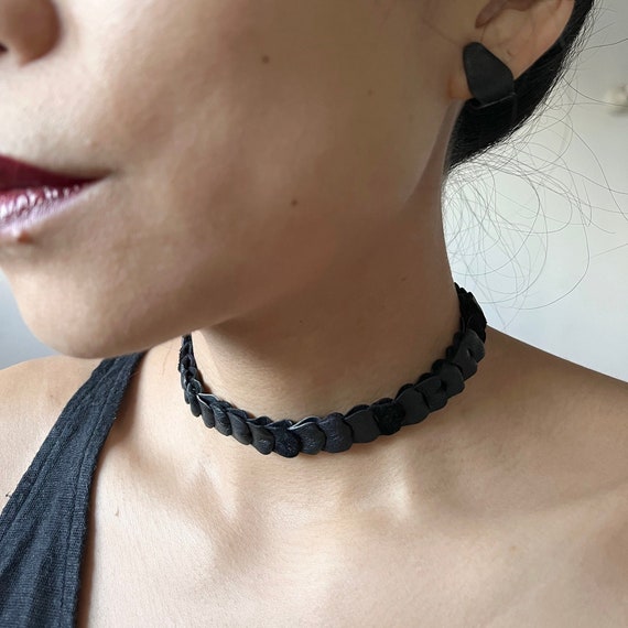 Black Leather Choker Handmade Leather Link Design Collar Etsy