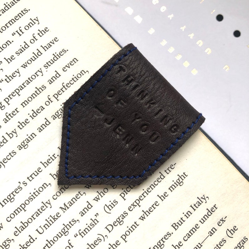 Magnetic Bookmark Dark Brown Leather Bookmark with Blue Organic Wool Lining Personalise Bookmark 3rd Anniversary Gift Page Marker image 8