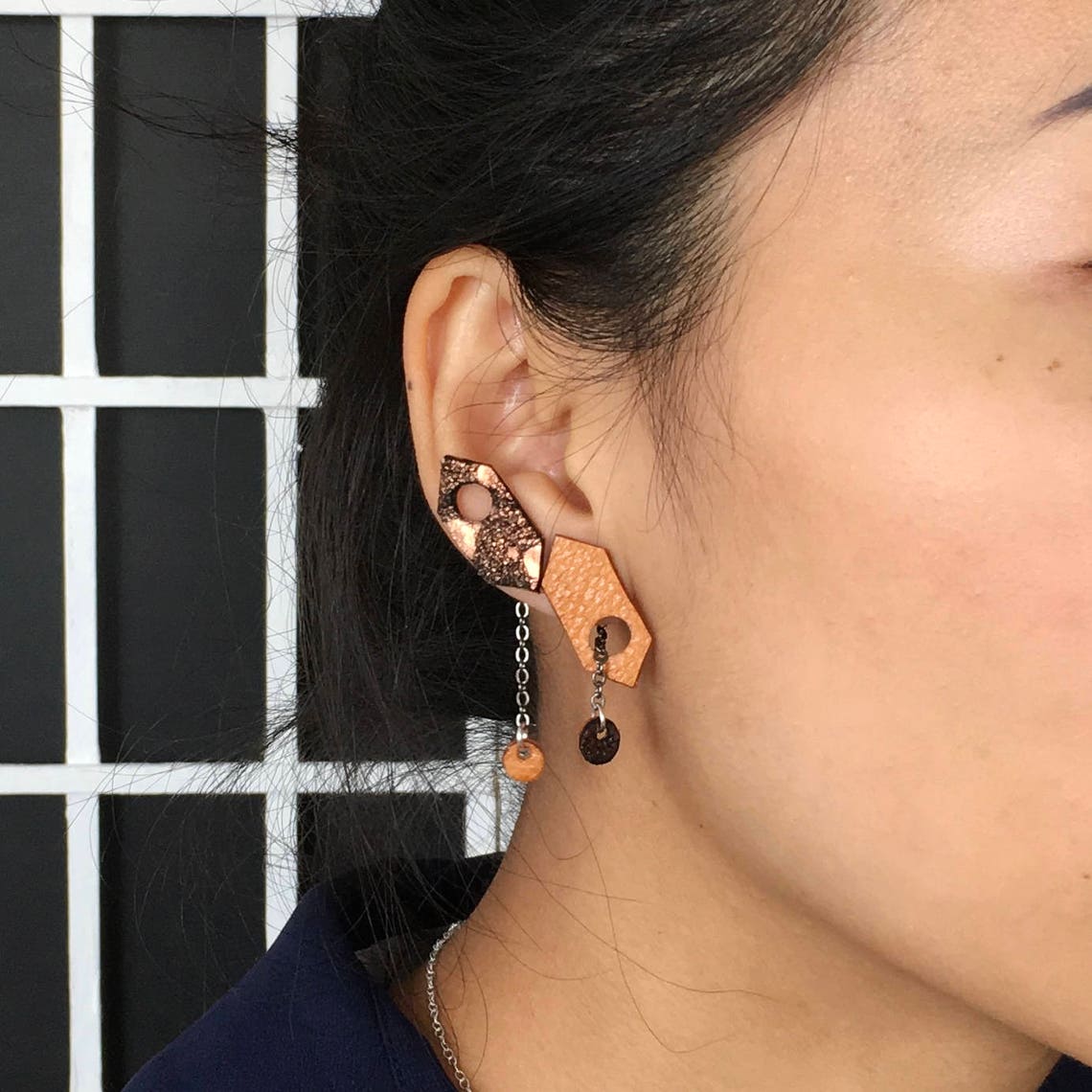 Metallic Orange Leather Earrings Ear Climbers Mismatched Etsy UK