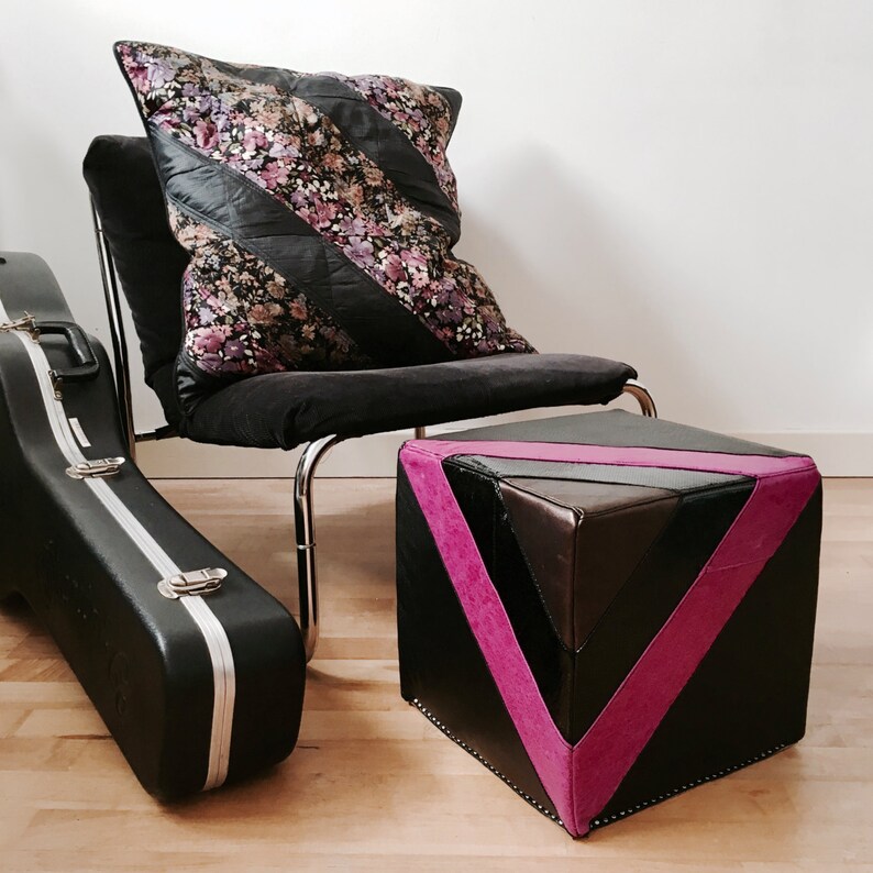 Leather Footstool  Quilted Leather Pouf in in black and image 2