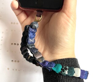 Leather Chain Link Phone Wrist Strap | Handmade Blue Leather Phone Charm Strap | Phone Accessory Strap | Sustainable Tech Accessory Gift