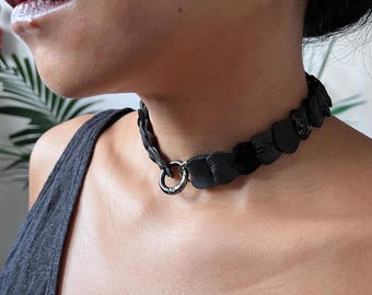 Chunky Black Leather Choker | Handmade Leather Link Design Collar