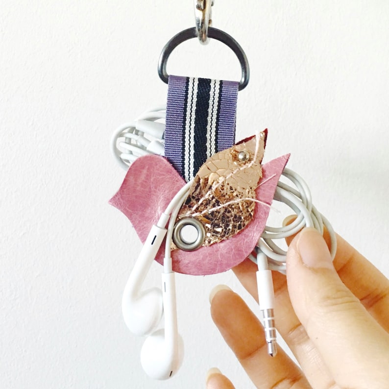 Earphone Organizer |Cable Organizer Leather Cord Holder Keychain Leather Cord Keeper Pink Bird Design Cord Organizer Leather Keychain