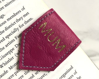 Magenta Pink Leather Bookmark | Personalise Bookmark |Magnetic Bookmark with Blue Organic Wool Lining | Book Lover 3rd Year Anniversary Gift