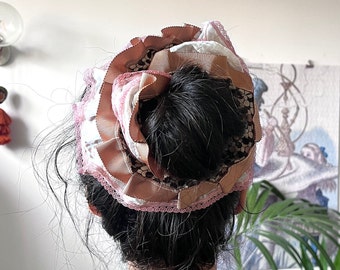 Oversized Scrunchie Large Brown White Triple Layered Maximalism Luxury Hair Accessory Handmade