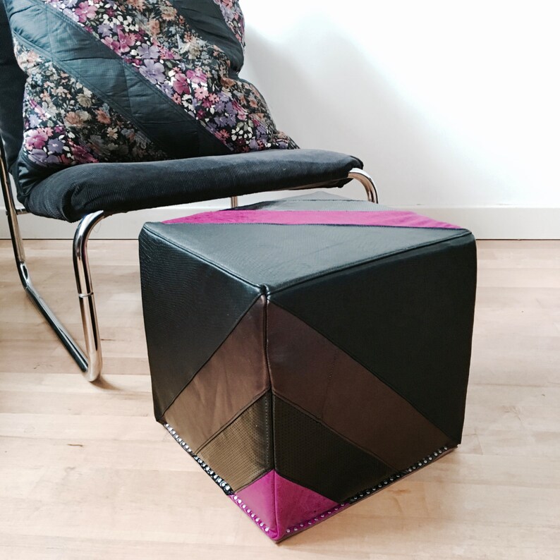 Leather Footstool  Quilted Leather Pouf in in black and image 1