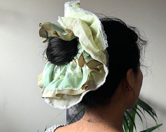 Oversized Scrunchie Extra Large Green Triple Layered Maximalism Luxury Hair Accessory Handmade XL Ruffles