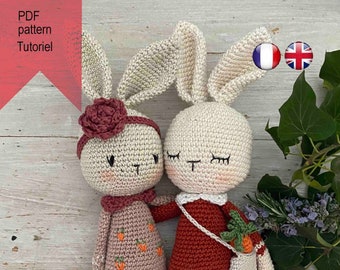crochet pattern bunny Camélia et Joe  english (US) and french, easy level for beginners, amigurumi crochet  handmade, DIY