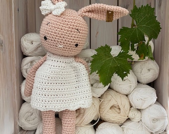 crochet Bunny with dress and bow, SMOKEY, a crochet toy for a newborn or child gift, newborn photo prop or photo session