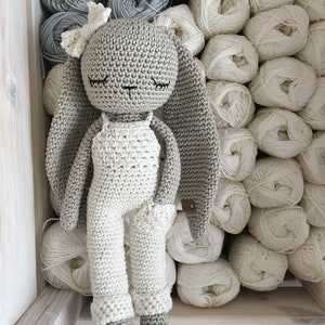 crochet long ear bunny with salopette overall and bow tie,MOCA, crochet toy for newborn, doll with trousers grey 268