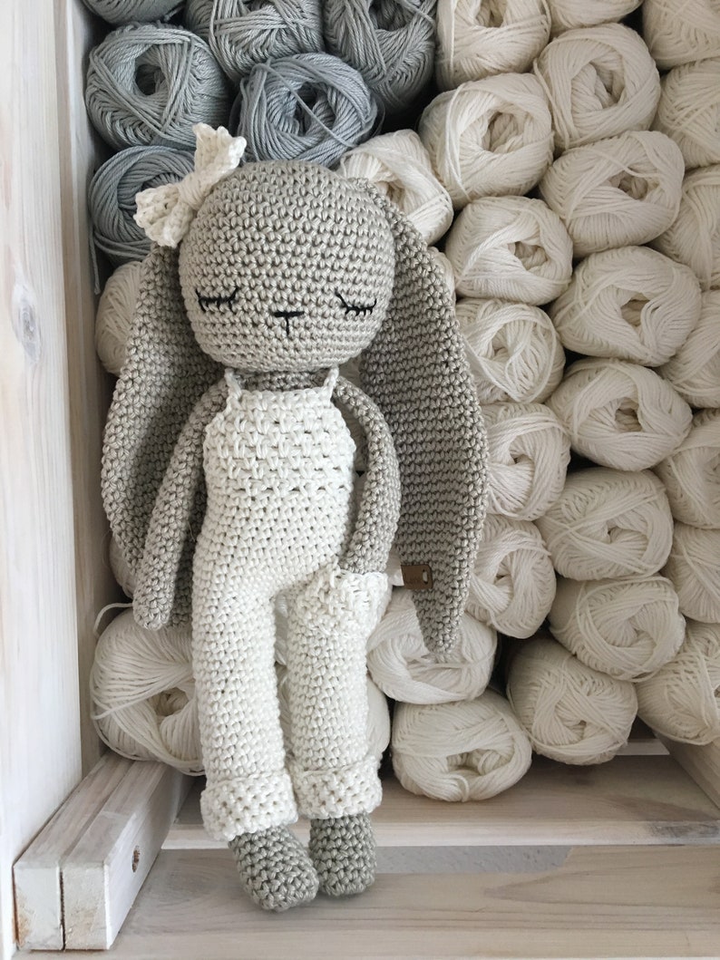 crochet long ear bunny with salopette overall and bow tie,MOCA, crochet toy for newborn, doll with trousers grey 268