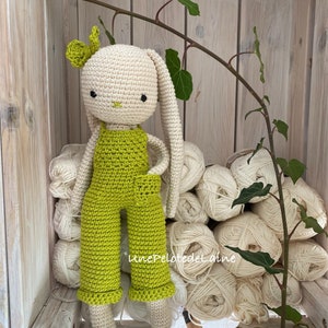 crochet long ear bunny with salopette overall and bow tie,MOCA, crochet toy for newborn, doll with trousers image 1