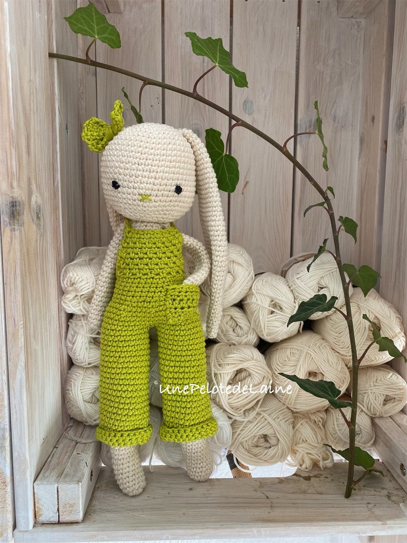 crochet long ear bunny with salopette overall and bow tie,MOCA, crochet toy for newborn, doll with trousers image 1