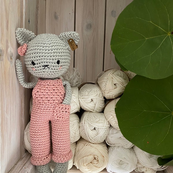 Amigurumi cat FIGARO, Newborn crochet doll Cat with overall, a special toy and newborn baby gift or photo prop
