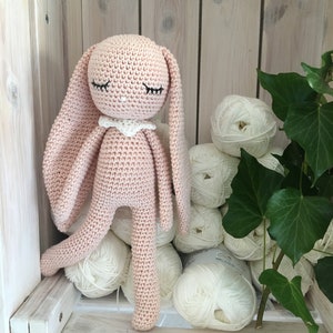 crochet long ear bunny with salopette overall and bow tie,MOCA, crochet toy for newborn, doll with trousers rosa 263