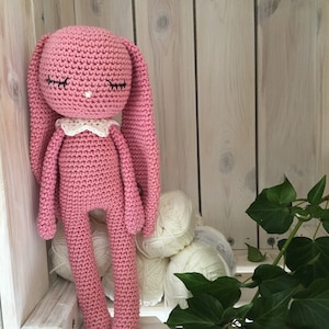 crochet long ear bunny with salopette overall and bow tie,MOCA, crochet toy for newborn, doll with trousers old rosa 408