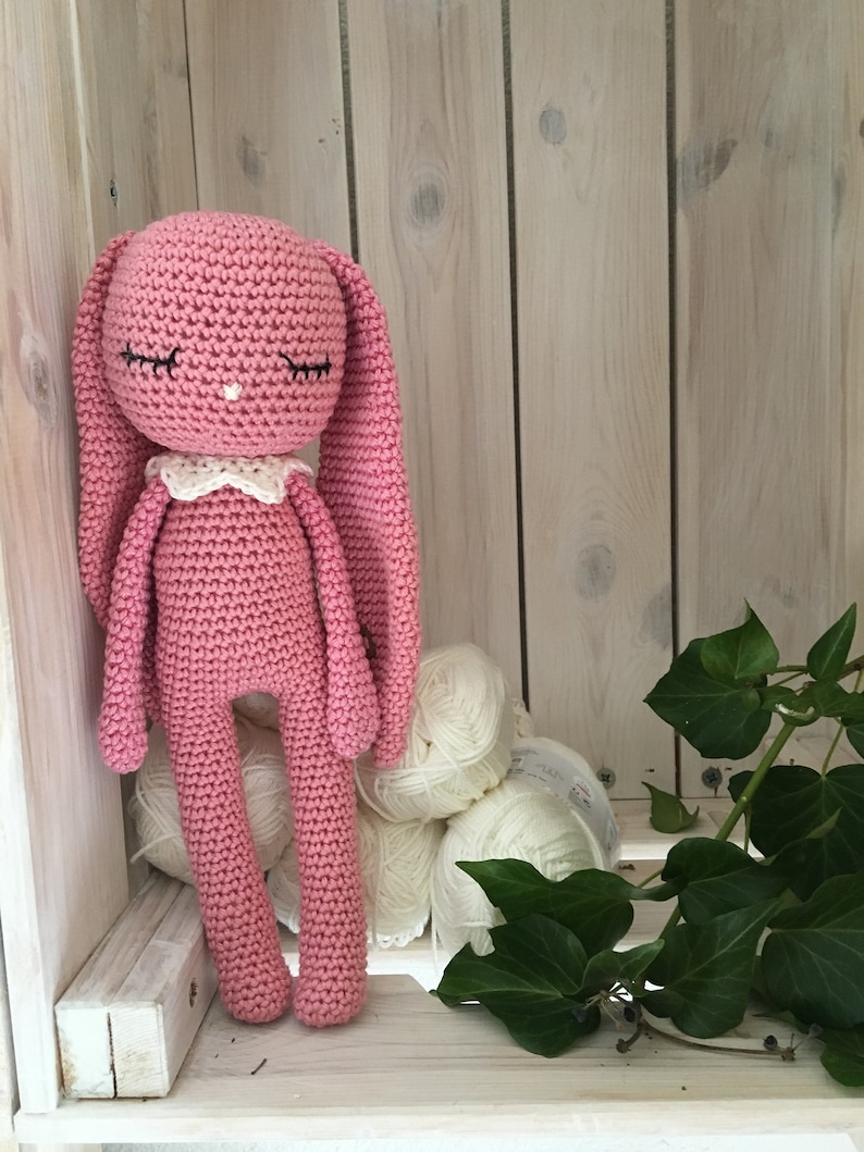 crochet long ear bunny with salopette overall and bow tie,MOCA, crochet toy for newborn, doll with trousers old rosa 408