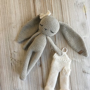 crochet long ear bunny with salopette overall and bow tie,MOCA, crochet toy for newborn, doll with trousers image 6