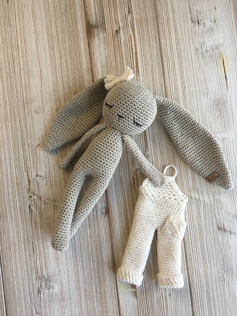 crochet long ear bunny with salopette overall and bow tie,MOCA, crochet toy for newborn, doll with trousers image 6