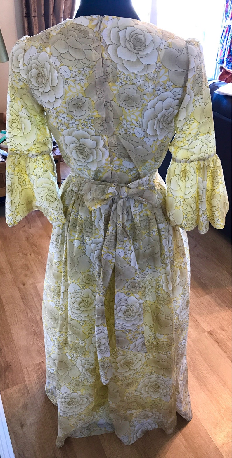 Vintage dress Yellow grey vintage maxi vintage dress floral bow retro