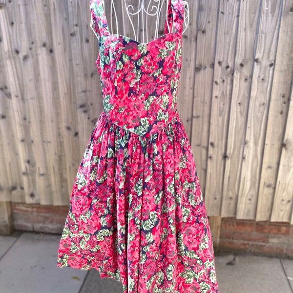 Laura Ashley vintage dress summer floral midi 80s 90s pink red