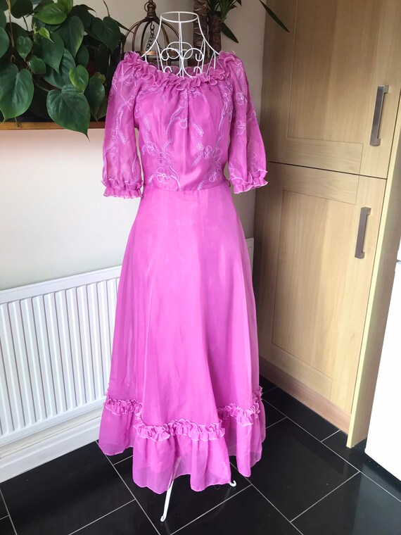 Vintage 1970s Iridescent Pink Maxi Gown with Ruching Details