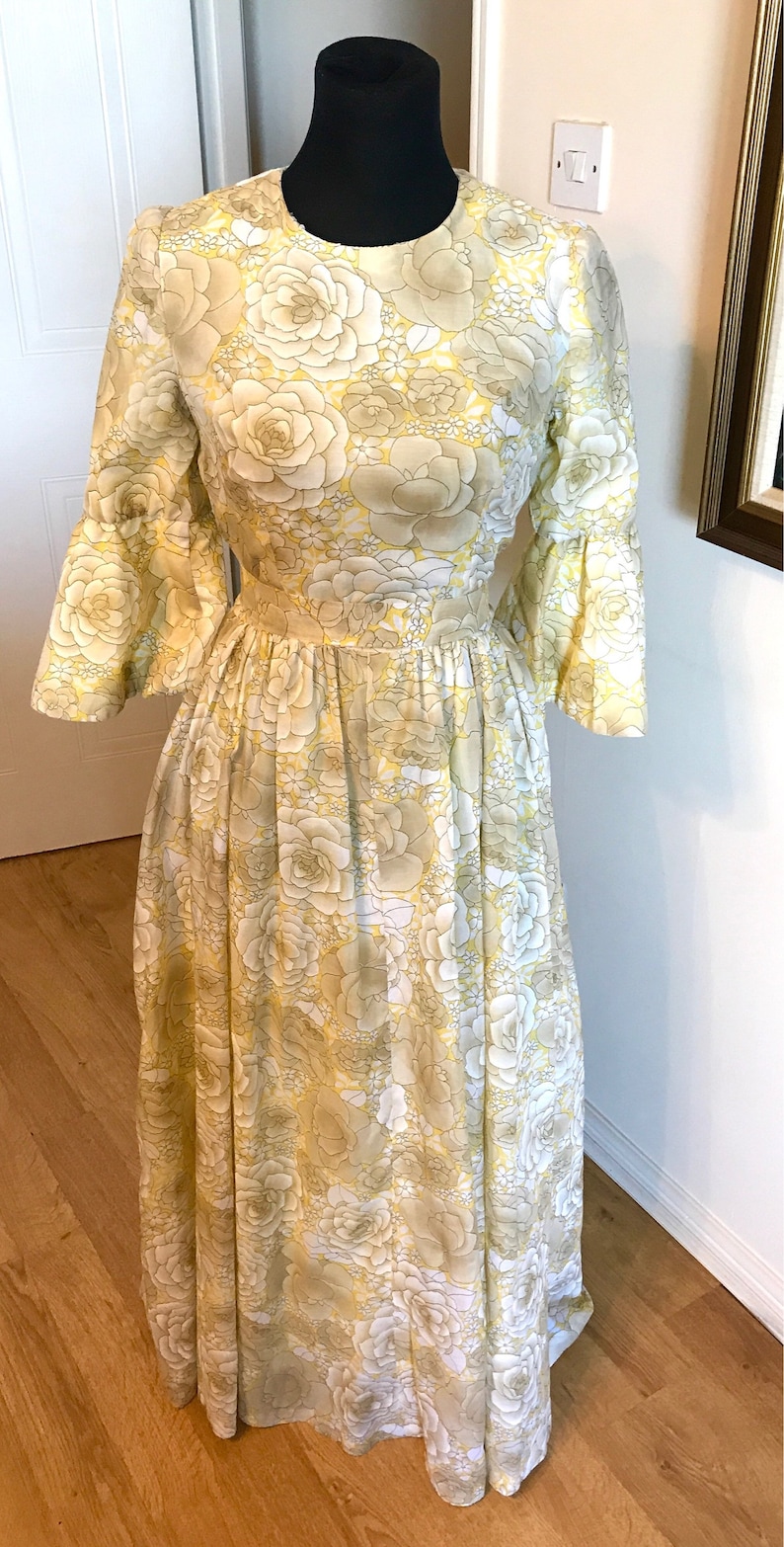 Vintage dress Yellow grey vintage maxi vintage dress floral bow retro