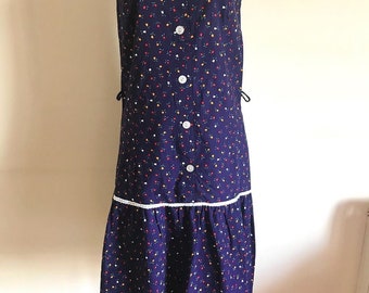 Vintage dress drop waist floral cotton frill dress 70s sweet ditsy dress navy