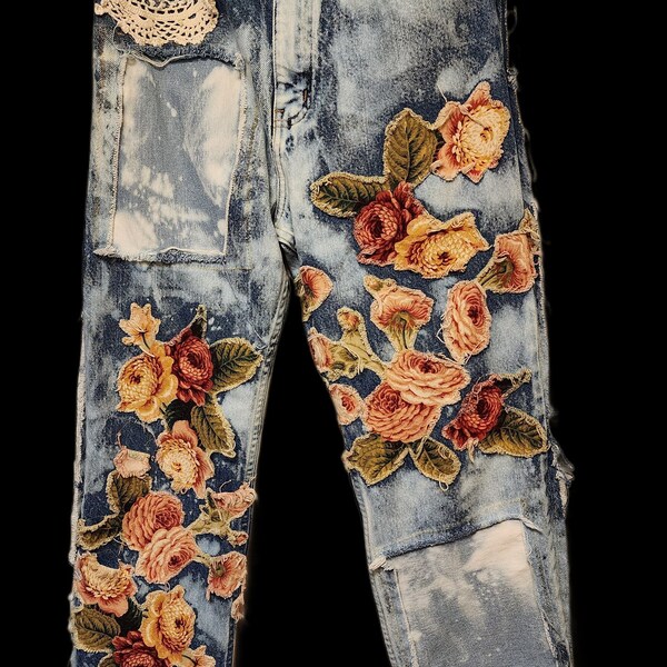 Upcycled Saddlebred Brand Art Jeans. Size 31X30. Altered Boyfriend Floral Patched Lace Applique Appliques Bleached Distressed