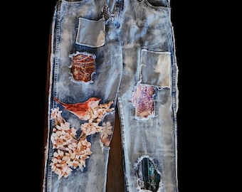 Upcycled Wrangler Art Jeans. Adjustable Waist Size 36-38X32. Altered Boyfriend Floral Birds Applique Appliques Patched Bleached Distressed