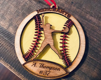 Softball ornament, wooden softball ornament, softball gift, softball player