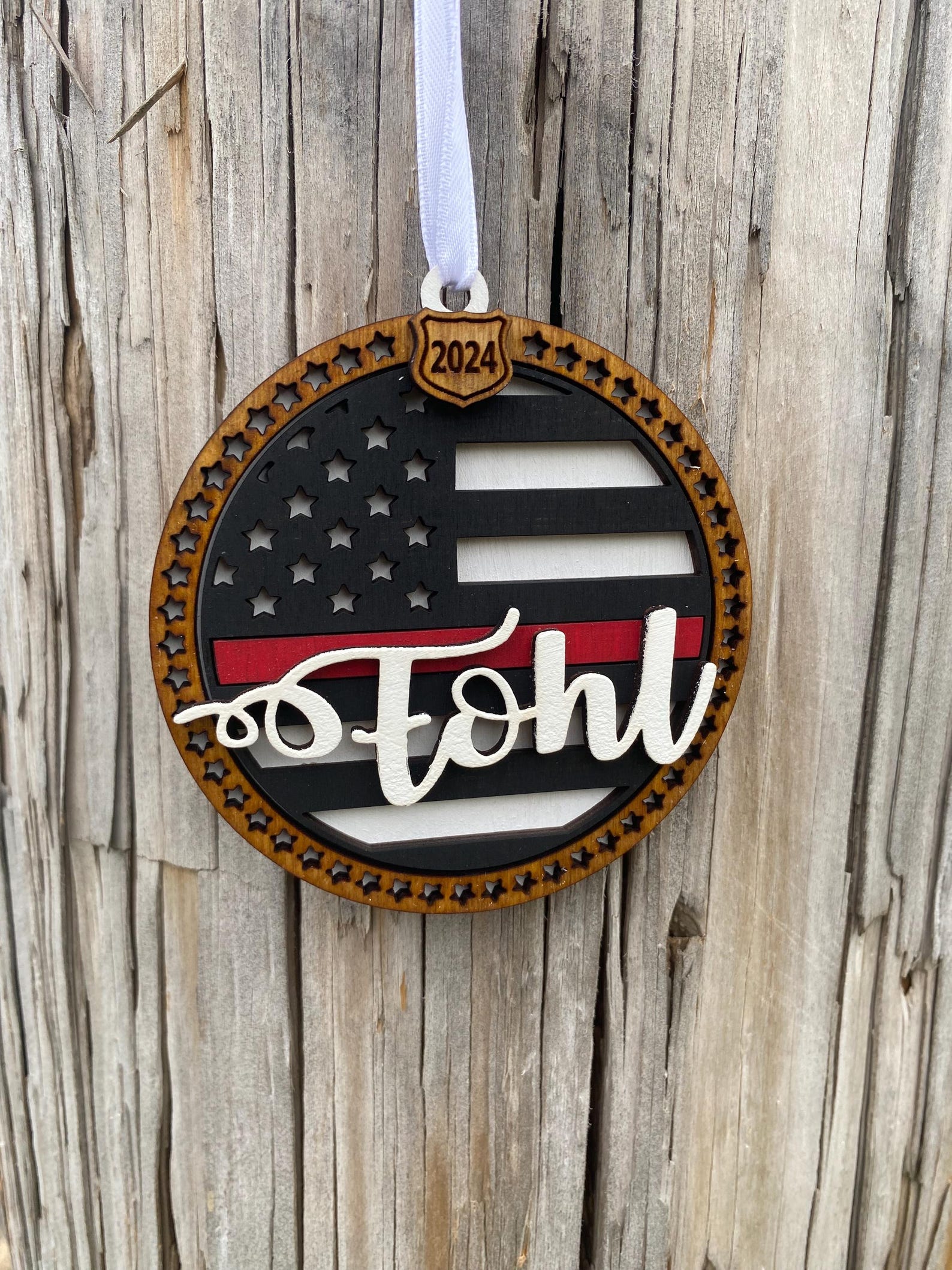 Personalized Firefighter Christmas Ornament Custom Wooden Thin Red Line