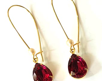 Ruby Teardrop Crystal Earrings: Gold Plated Bridesmaid Jewelry,