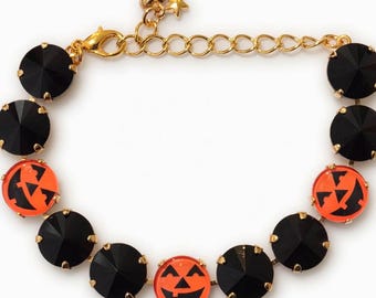 Halloween Kristallarmband: Guldpläterade pumpasmycken, Strassstenar, Justerbar, Gåva, ArtistInJewelry
