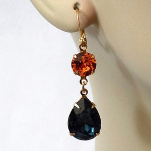 Dark Sapphire and Tangerine Earrings, Dark Sapphire Earrings, Bridesmaid Jewelry, Navy and Orange Teardrop Earrings, Double Drop Earrings image 8